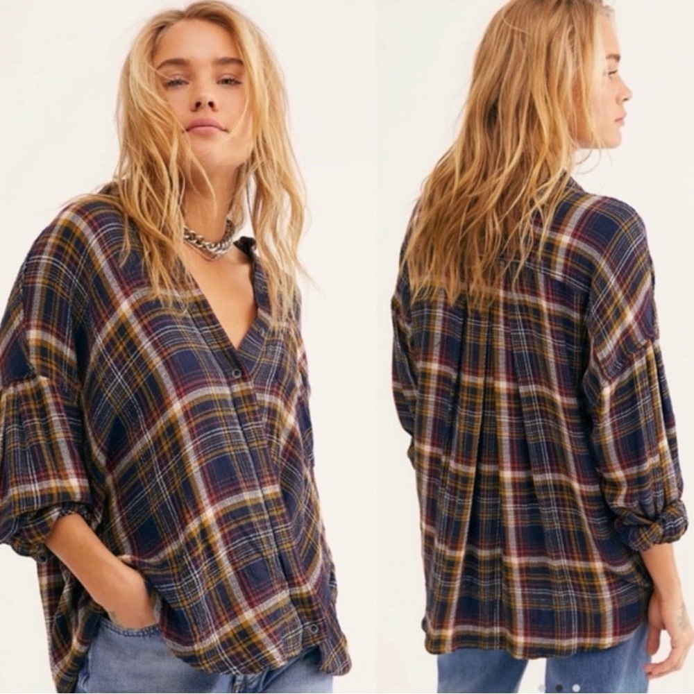 Free People We The Free Hidden Valley Button Down Black Multicolor Plaid Shirt M